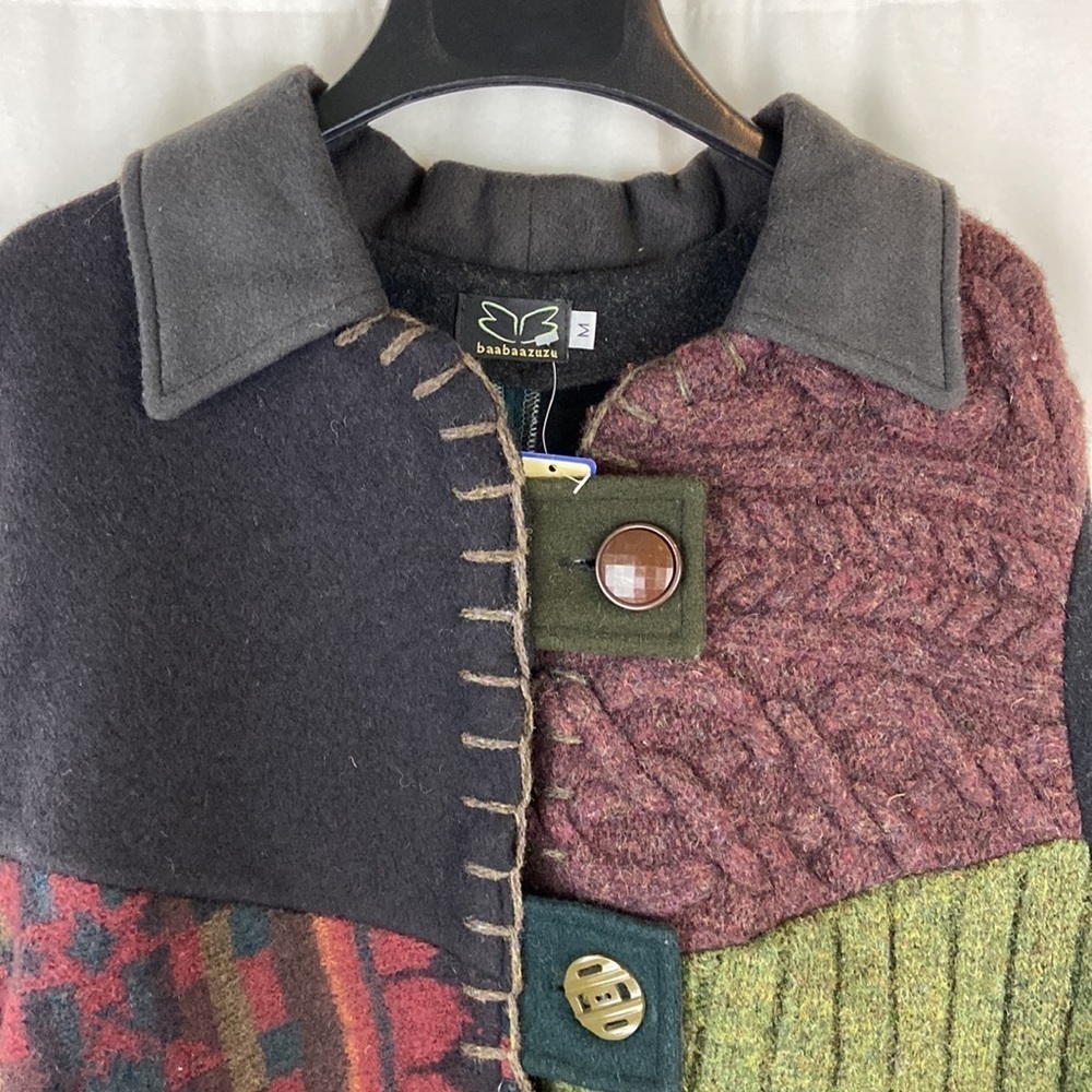 Mixed Patchwork Repurposed Wool Sweater Jacket Handmade by Baabaazuzu - Picture 4 of 16